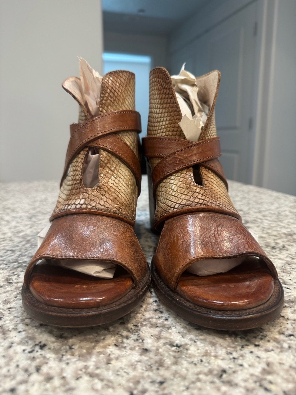 RARE Freebird by Steven Rattle Brown and Tan Snakeskin Leather Peep-Toe Sandals